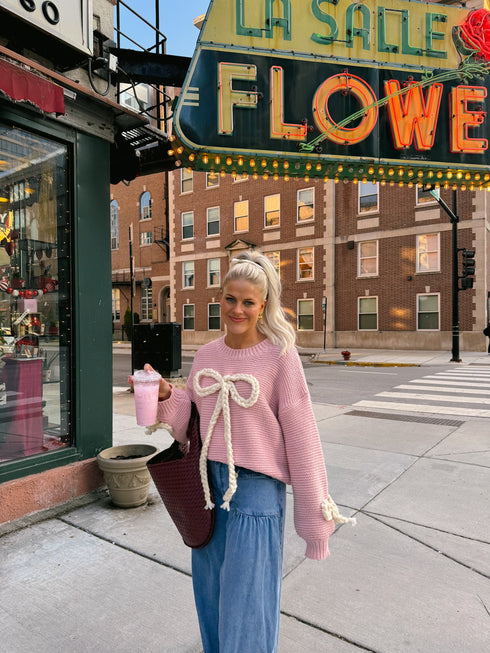 Ribbons & Lace Bow Sweater// Pink